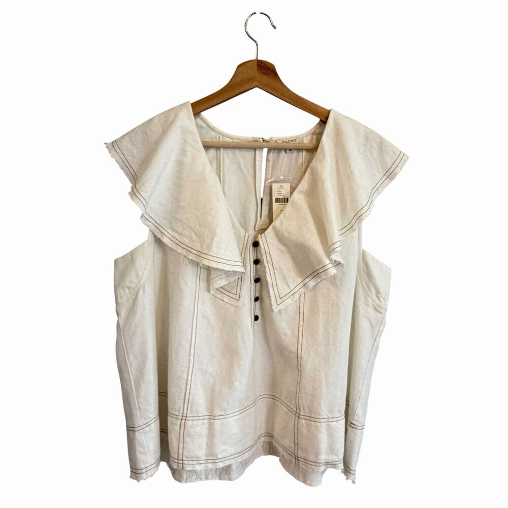 Pilcro Ruffle Neck Swing Top Sz L Cotton Linen Lightweight Boho Coastal Grandma